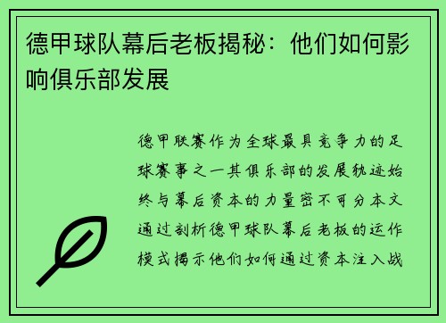 德甲球队幕后老板揭秘：他们如何影响俱乐部发展