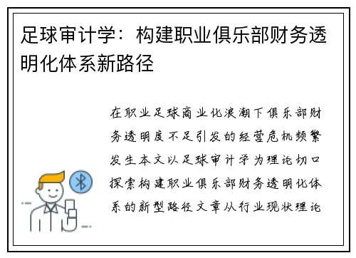 足球审计学：构建职业俱乐部财务透明化体系新路径