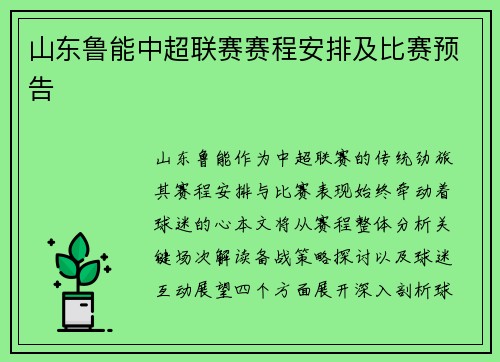 山东鲁能中超联赛赛程安排及比赛预告